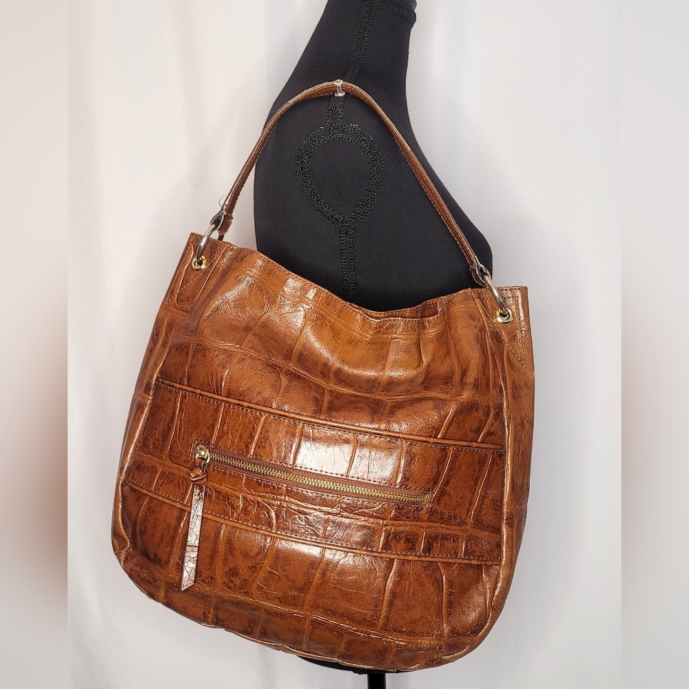 Kate Landry Cognac Croc-Embossed Hobo Bag